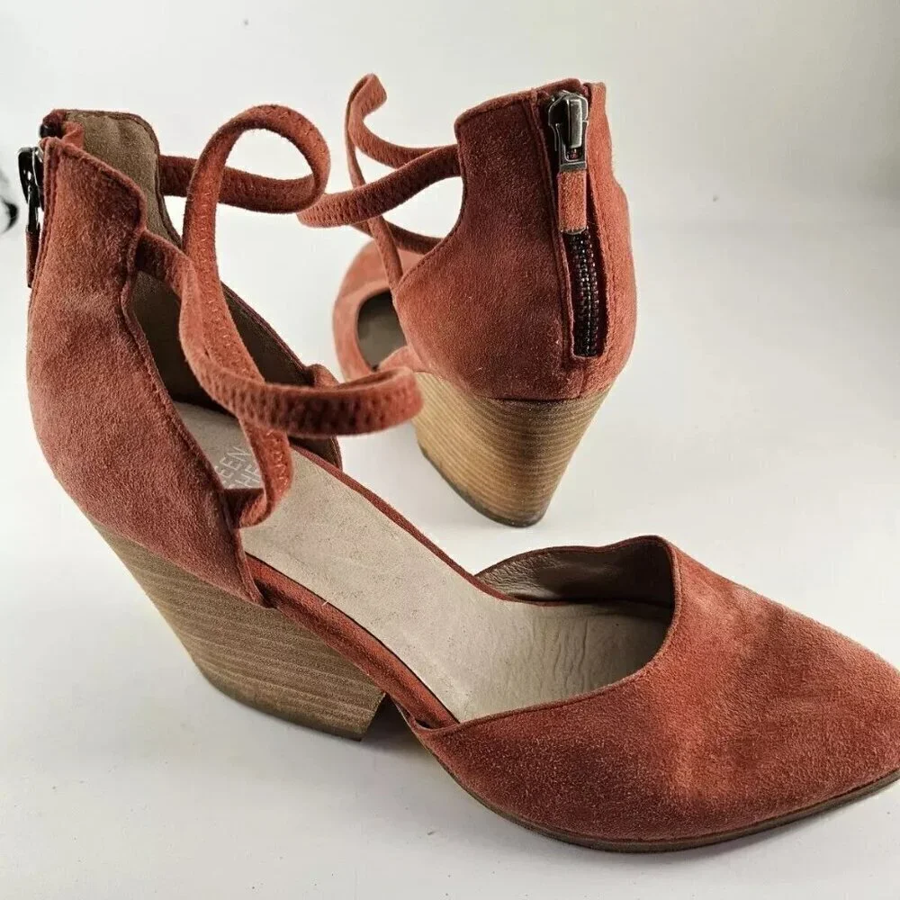 EILEEN FISHER Tilda Pumps Heels Brick Orange Suede Womens Strappy Zip Shoes Sz 7